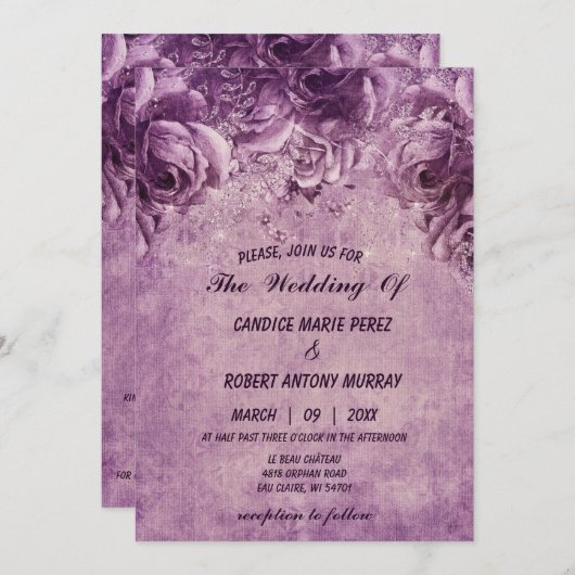 背景に1つの紫色のバラを芸術的配置   招待状 (正面/裏面)