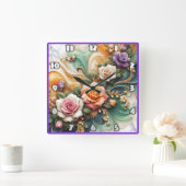 背景の美しい装飾バラカラフル スクエア壁時計 (ホーム)