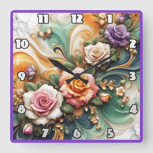 背景の美しい装飾バラカラフル スクエア壁時計 (正面)
