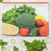 背景の赤と白ストライプの野菜 キッチンタオル (折り畳み)