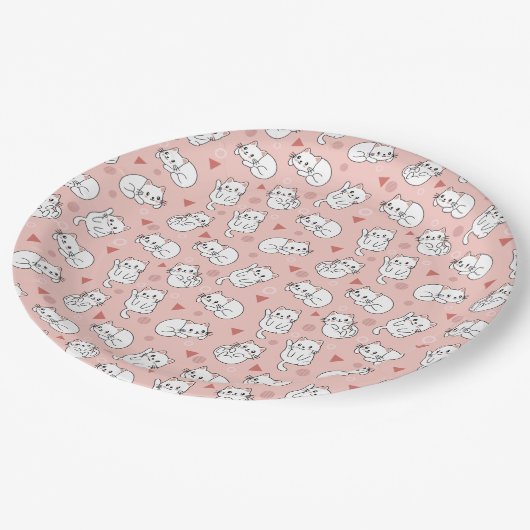 背景をテーマにした可愛い白猫ピンク ペーパープレート (アングル)