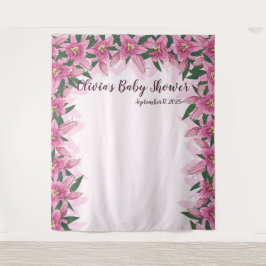 背景を取り巻くピンク色のユリ タペストリー