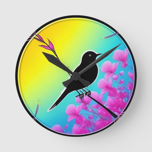 背景を持つ枝の上に鮮やかある芸術的鳥 ラウンド壁時計 (正面)