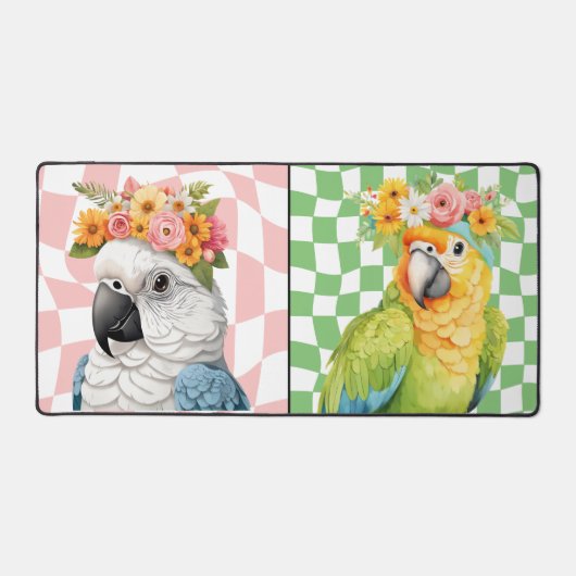 背景を持つ花の冠の市松模様に鸚鵡 デスクマット (正面)