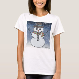 背景付き雪だるま(白) - 女性用ベーシックTシャツ Tシャツ