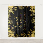 背景幕第16のSweet sixteenの誕生日の金ゴールドの花柄 タペストリー (正面)