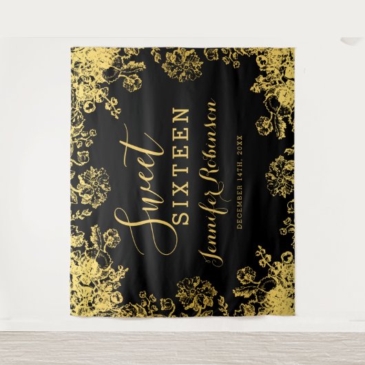 背景幕第16のSweet sixteenの誕生日の金ゴールドの花柄 タペストリー (正面)
