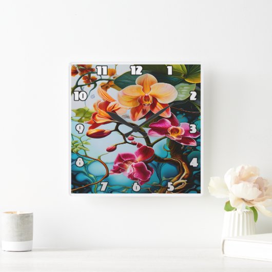 背景鮮やかに対する紫のカラフル蘭 スクエア壁時計 (ホーム)