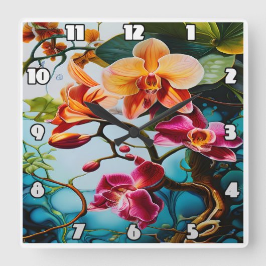 背景鮮やかに対する紫のカラフル蘭 スクエア壁時計 (正面)