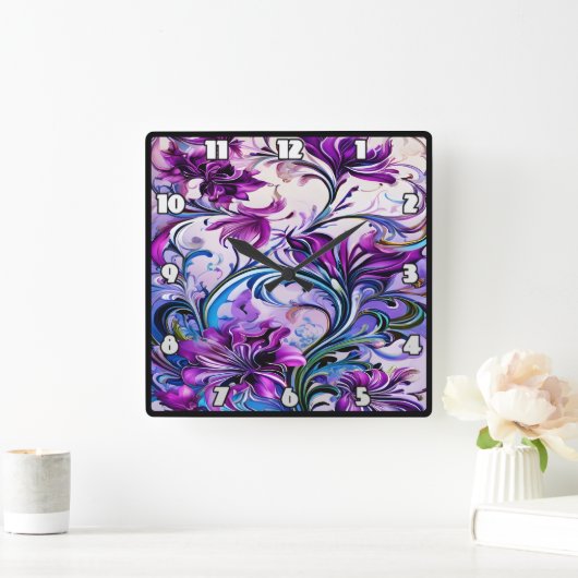 背景鮮やか上の紫色のフローラエレガントデザイン スクエア壁時計 (ホーム)