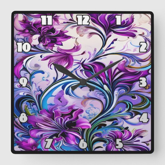 背景鮮やか上の紫色のフローラエレガントデザイン スクエア壁時計 (正面)