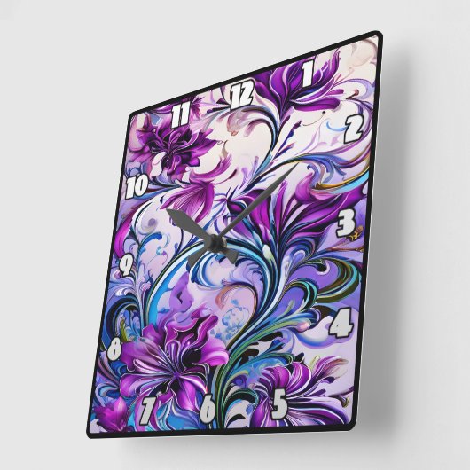 背景鮮やか上の紫色のフローラエレガントデザイン スクエア壁時計 (傾斜)