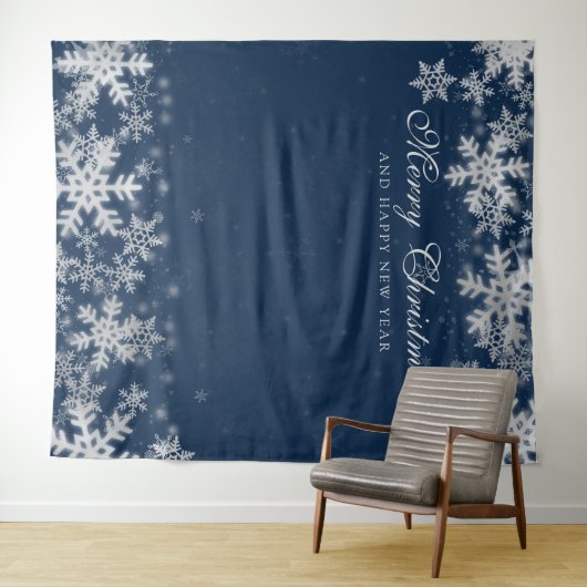 背景 クリスマス ホリデー シルバー スノーフレーク ネイビー タペストリー (インサイチュ(横))