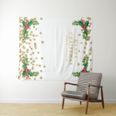 背景 ゴールド 赤 楽しいクリスマス ホリー グリッター タペストリー (インサイチュ(横))