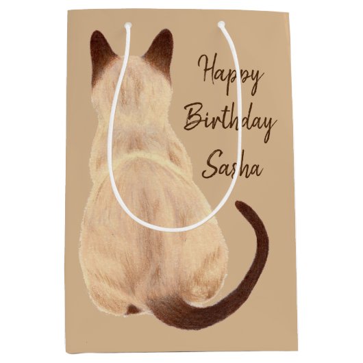 背部眺めの子猫のカスタムを坐らせているSashaのシャム猫 ミディアムペーパーバッグ (正面)