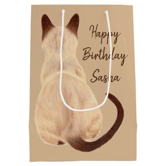 背部眺めの子猫のカスタムを坐らせているSashaのシャム猫 ミディアムペーパーバッグ (裏面)