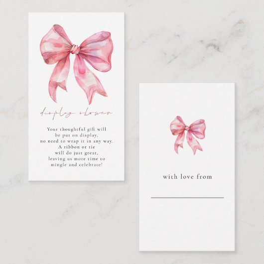背面にピンクの蝶結びのギフトタグ付きベビーシャワー ディスプレイ エンクロージャーカード (正面/裏面)