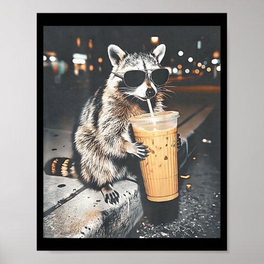 (背面に)アライグマがアイスコーヒーを飲む おもしろアニメ ポスター (正面)