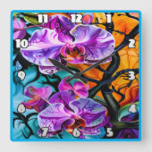 背鮮やか景に対するカラフル蘭 スクエア壁時計 (正面)