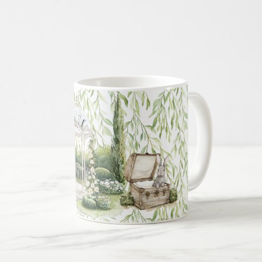 胸にウサギ 緑の葉の花 コーヒーマグカップ (正面右)
