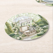 胸のウサギ 緑の葉 花の愛 ウェディング ラウンドペーパーコースター (アングル)