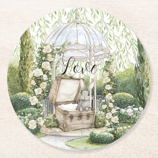 胸のウサギ 緑の葉 花の愛 ウェディング ラウンドペーパーコースター (正面)