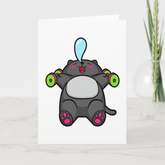 胸の前でダンベルを使って猫がトレーニングしている カード (正面)