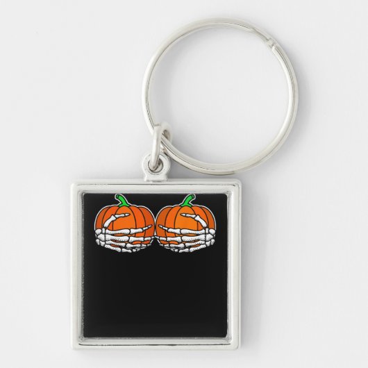 胸当てカボチャのハロウィーン女性のスケルトン手 キーホルダー (正面)