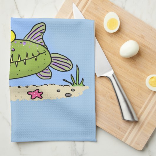 脂肪おもしろい空腹のグリーンフィッシュ魚釣り漫画 キッチンタオル (四つ折り)