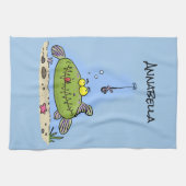 脂肪おもしろい空腹のグリーンフィッシュ魚釣り漫画 キッチンタオル (横)