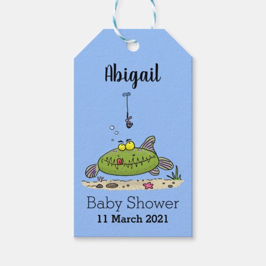 脂肪おもしろい空腹のグリーンフィッシュ魚釣り漫画 ギフトタグ (正面)