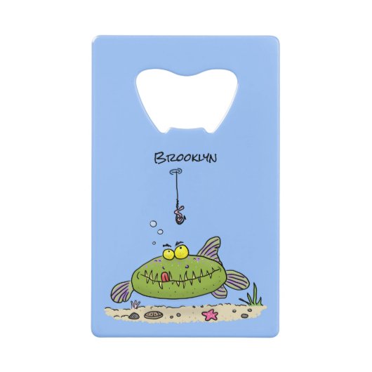 脂肪おもしろい空腹のグリーンフィッシュ魚釣り漫画 クレジットカード栓抜き (正面)