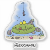 脂肪おもしろい空腹のグリーンフィッシュ魚釣り漫画 シール (正面)