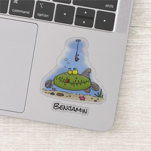 脂肪おもしろい空腹のグリーンフィッシュ魚釣り漫画 シール (詳細)