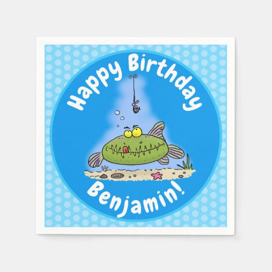 脂肪おもしろい空腹のグリーンフィッシュ魚釣り漫画 スタンダードカクテルナプキン (正面)