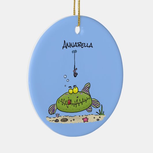 脂肪おもしろい空腹のグリーンフィッシュ魚釣り漫画 セラミックオーナメント (右)