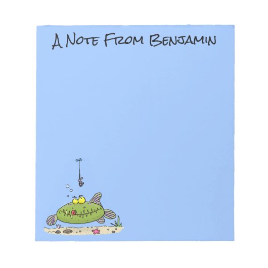 脂肪おもしろい空腹のグリーンフィッシュ魚釣り漫画 ノートパッド (正面)