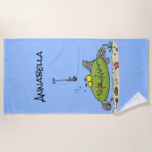 脂肪おもしろい空腹のグリーンフィッシュ魚釣り漫画 ビーチタオル (正面)