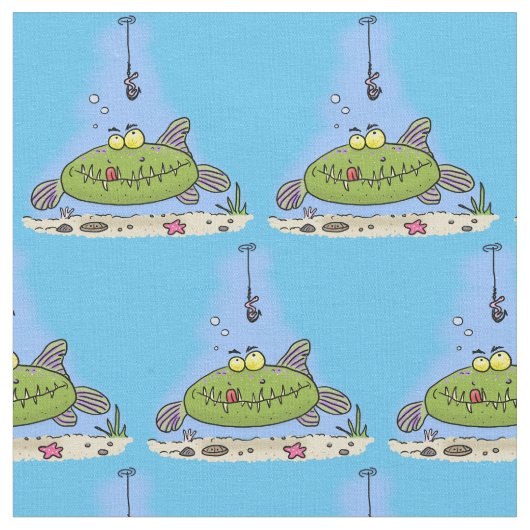 脂肪おもしろい空腹のグリーンフィッシュ魚釣り漫画 ファブリック (クローズアップ)