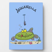 脂肪おもしろい空腹のグリーンフィッシュ魚釣り漫画 フォトプラーク (正面)