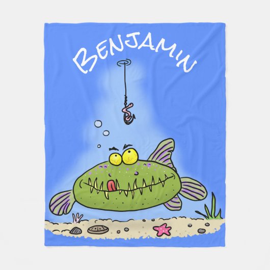 脂肪おもしろい空腹のグリーンフィッシュ魚釣り漫画 フリースブランケット (正面)