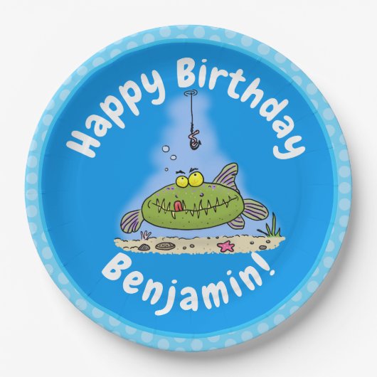 脂肪おもしろい空腹のグリーンフィッシュ魚釣り漫画 ペーパープレート (正面)