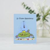 脂肪おもしろい空腹のグリーンフィッシュ魚釣り漫画 ポストカード (スタンド正面)