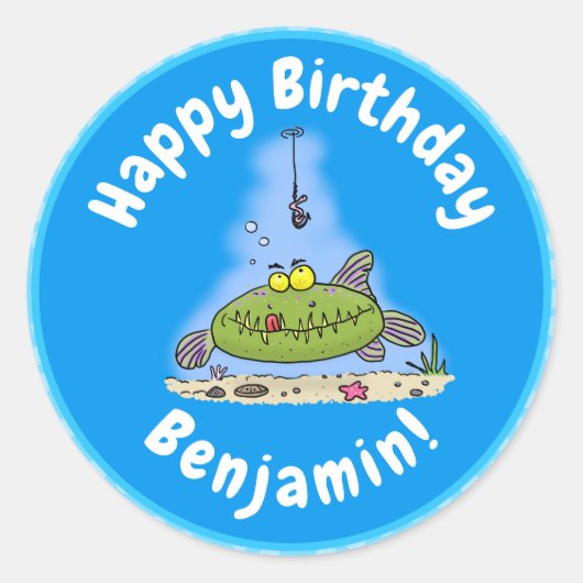 脂肪おもしろい空腹のグリーンフィッシュ魚釣り漫画 ラウンドシール (正面)