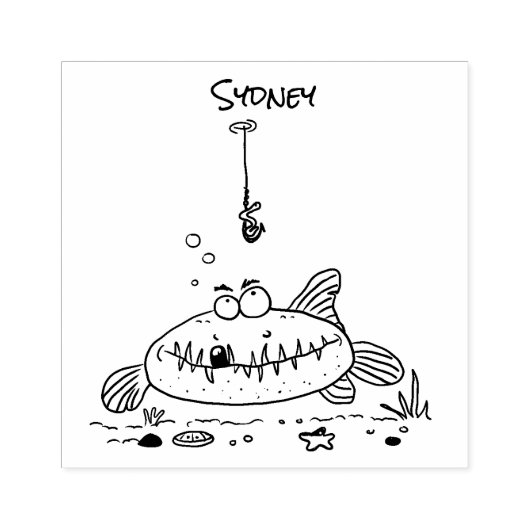 脂肪おもしろい空腹のグリーンフィッシュ魚釣り漫画 ラバースタンプ (インプリント)