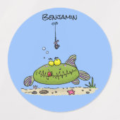 脂肪おもしろい空腹のグリーンフィッシュ魚釣り漫画 ラベル (デザイン2)