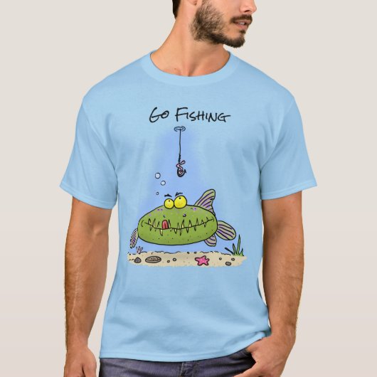 脂肪おもしろい空腹のグリーンフィッシュ魚釣り漫画 Tシャツ (正面)