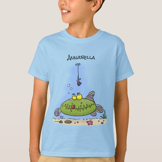 脂肪おもしろい空腹のグリーンフィッシュ魚釣り漫画 Tシャツ (正面)