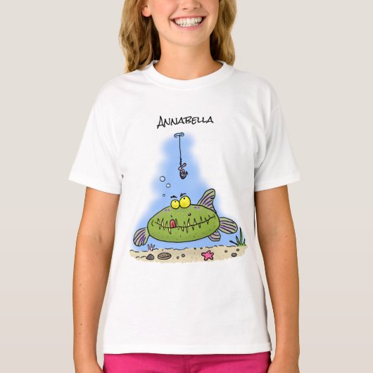 脂肪おもしろい空腹のグリーンフィッシュ魚釣り漫画 Tシャツ (正面)