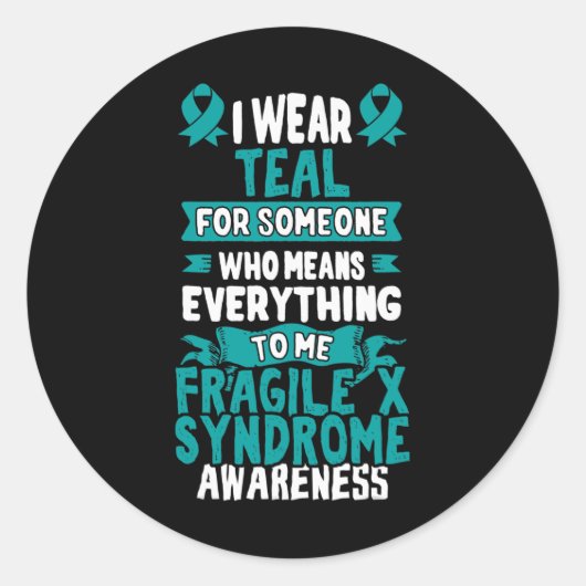 脆弱X症候群ティール（緑がかった色）認識度リボン ラウンドシール (正面)
